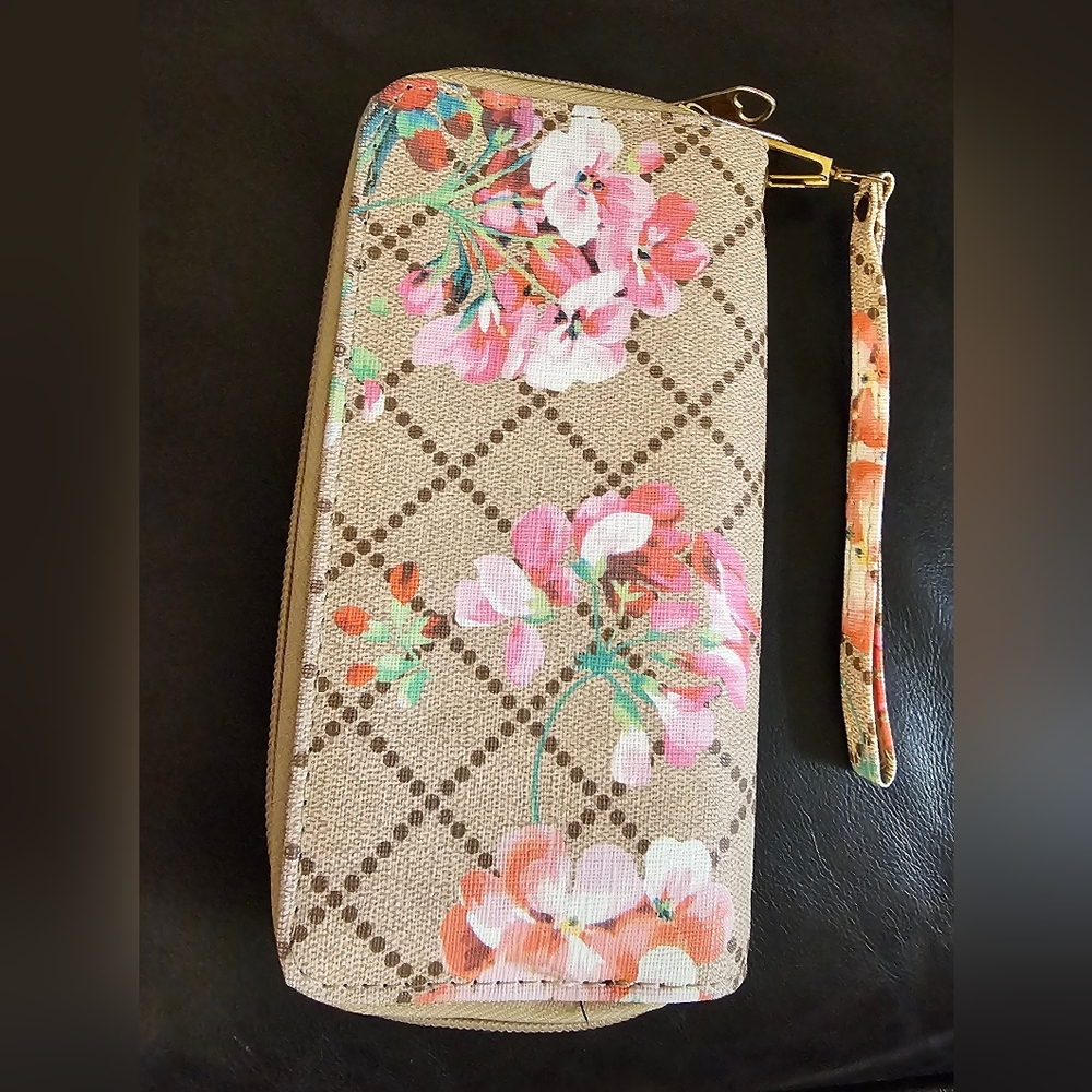 Floral Double Zip Around Wallet with Wrist Strap Vegan Leather NWOT